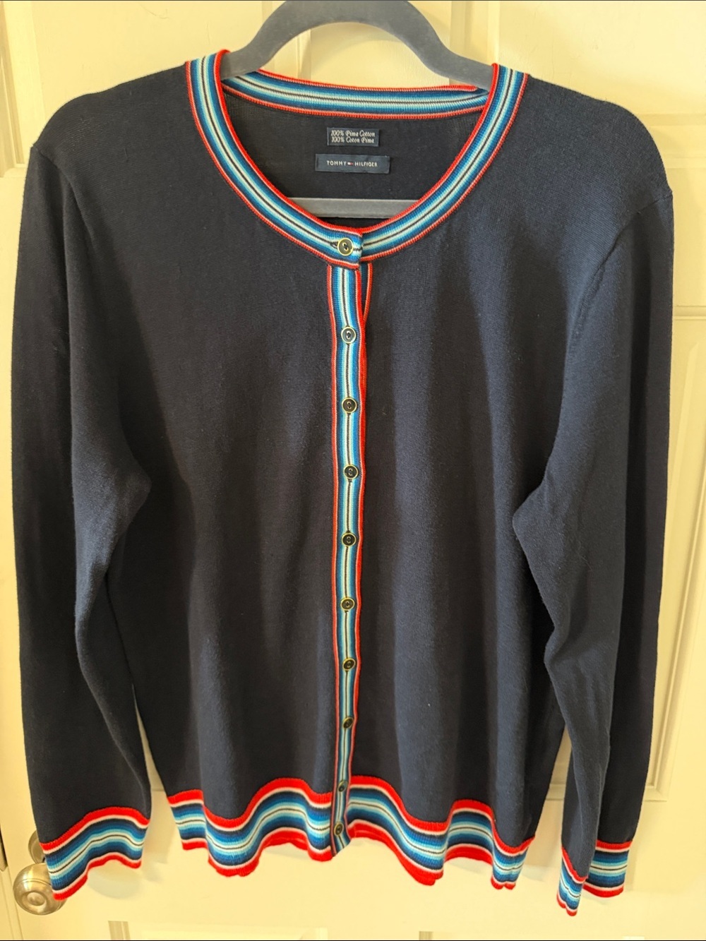 Tommy Hilfiger Navy Button Up Cardigan Striped Trim Preppy Academia Sweater XL